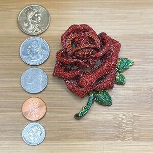 Elegant Red and Green Rose Brooch & Pendant 2 1/2” x 3 1/2“